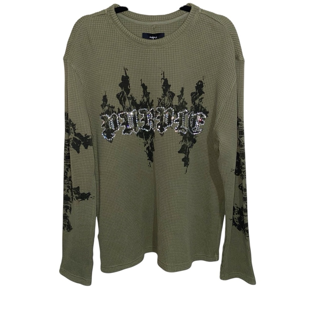 Purple Brand Shirt Mens Large Waffle Knit Crystal Rhinestone Logo Oversized New